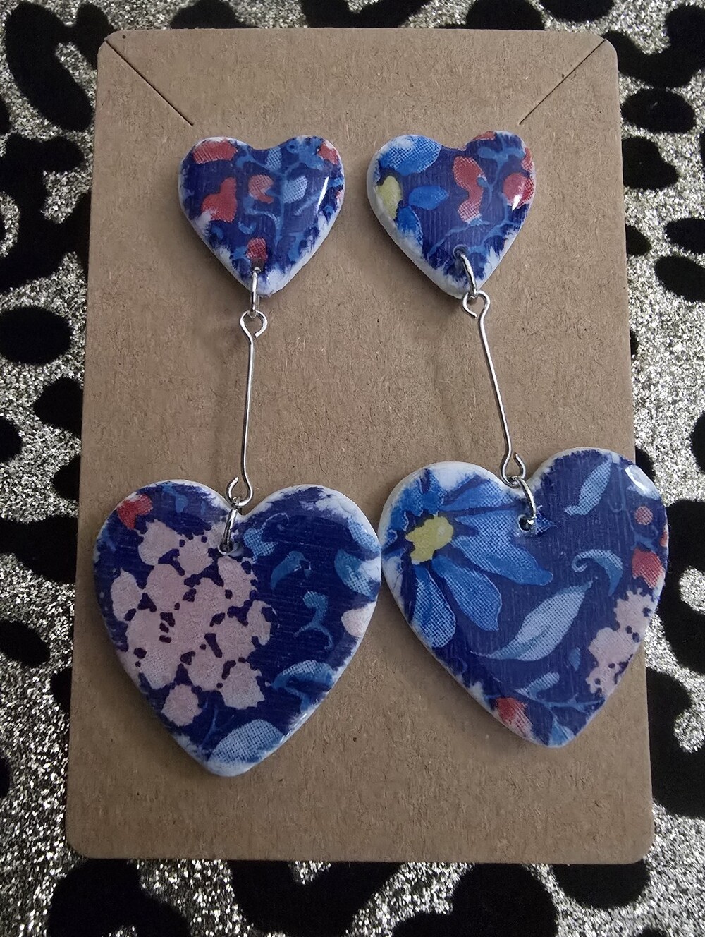 Hand Crafted Blue Floral Heart Dangle Earrings